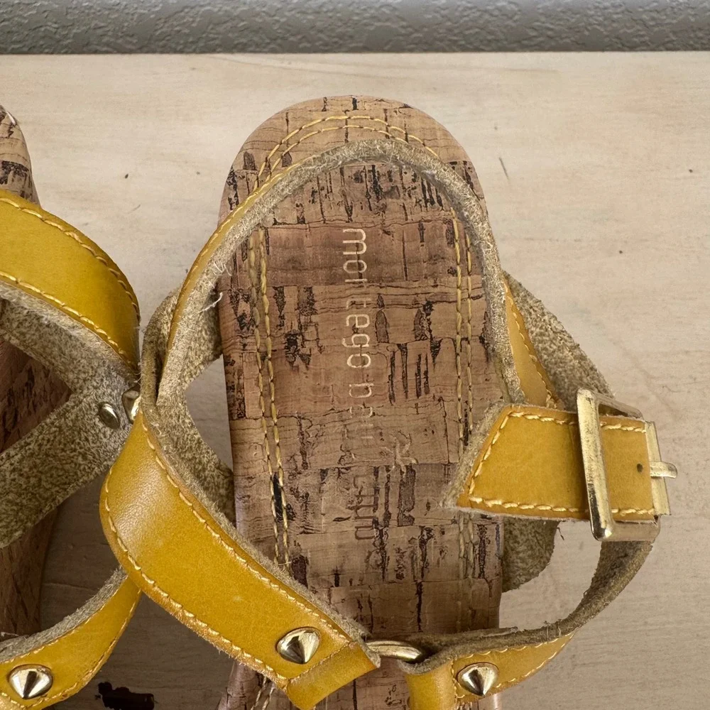Montego Bay Yellow Wedge Sandals Cork Sole Studded Ankle Strap Women's Size‎ 7